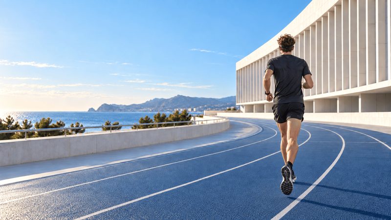 Corredor entrenando de espaldas en una pista junto al mar