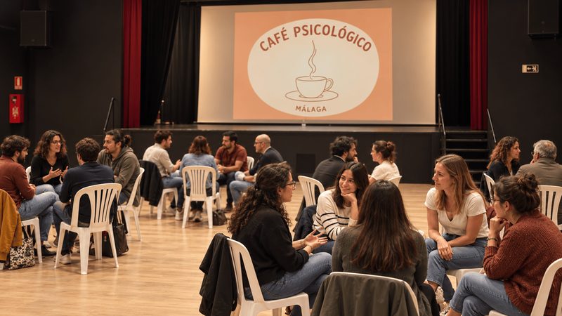 Recreación del Café Psicológico: participantes conversando en pequeños grupos en La Caja Blanca