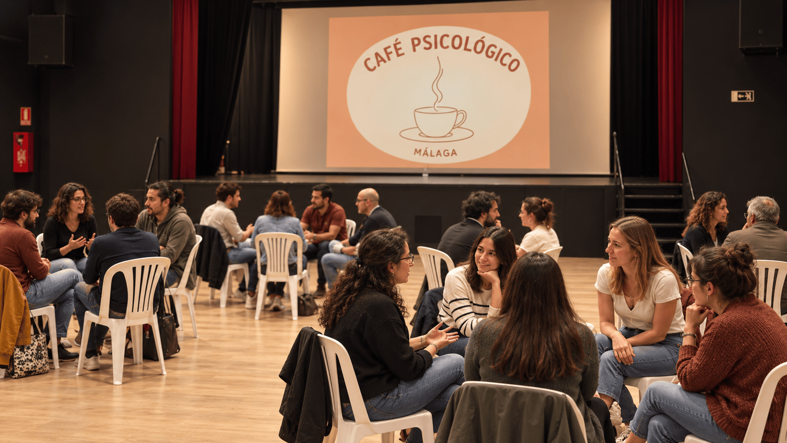 Recreación del Café Psicológico: participantes conversando en pequeños grupos en La Caja Blanca