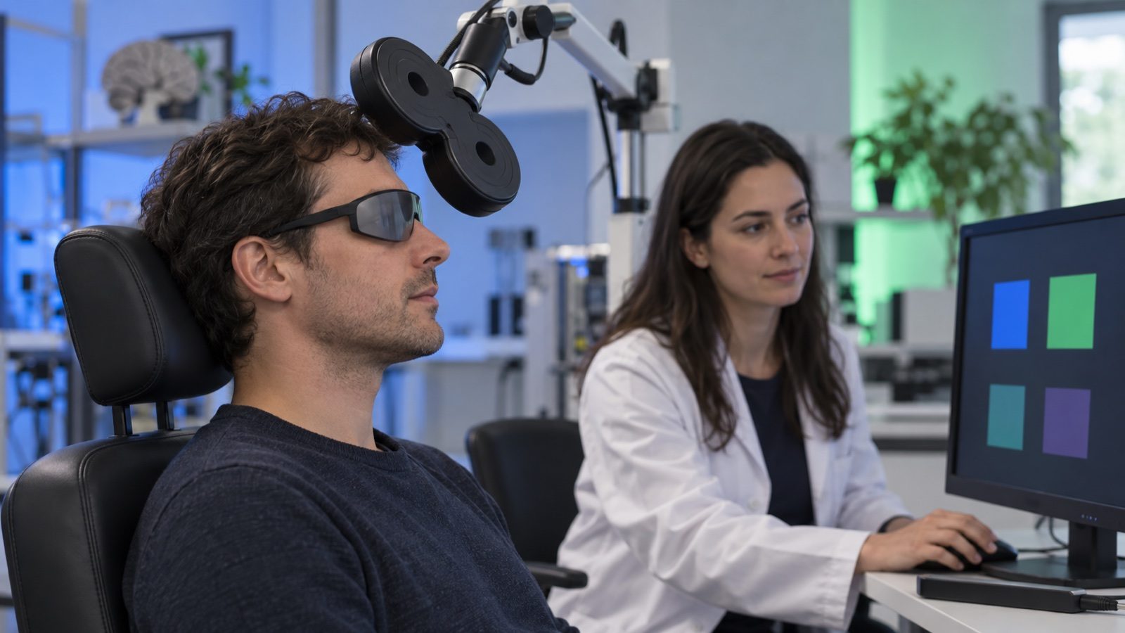 Ilustración de un laboratorio con gafas de luz y una tarea de memoria