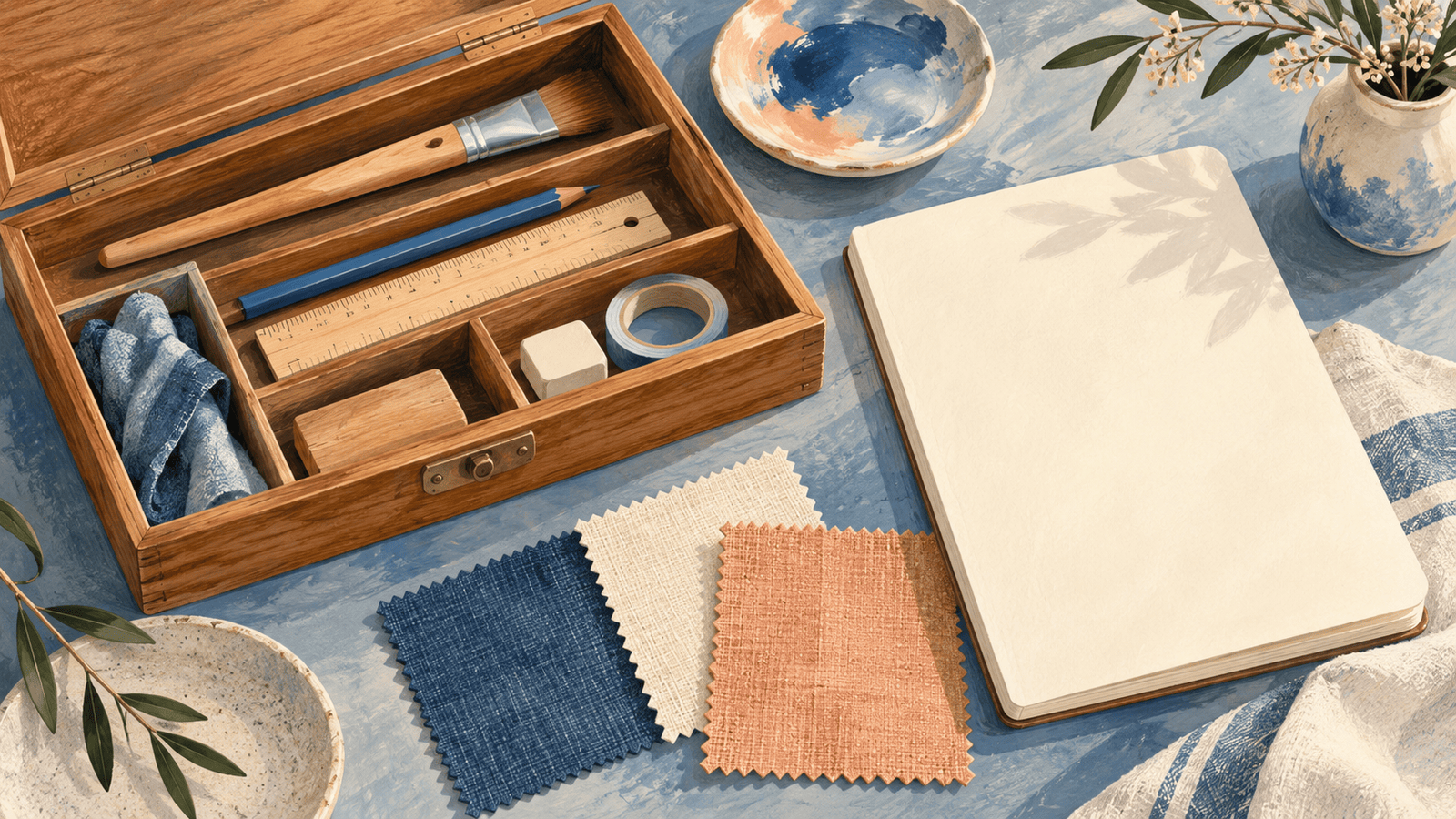 Una caja con distintas herramientas creativas, un cuaderno y muestras de tejido: metáfora de una terapia adaptada a cada persona.
