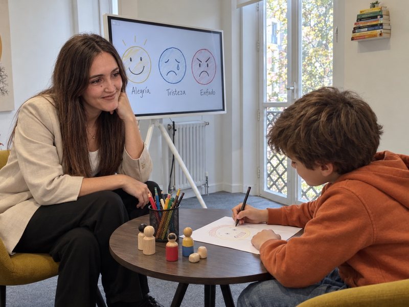 Lídia Algar Roldán en una sesión con un niño en la sala de juegos de Centro Elemental